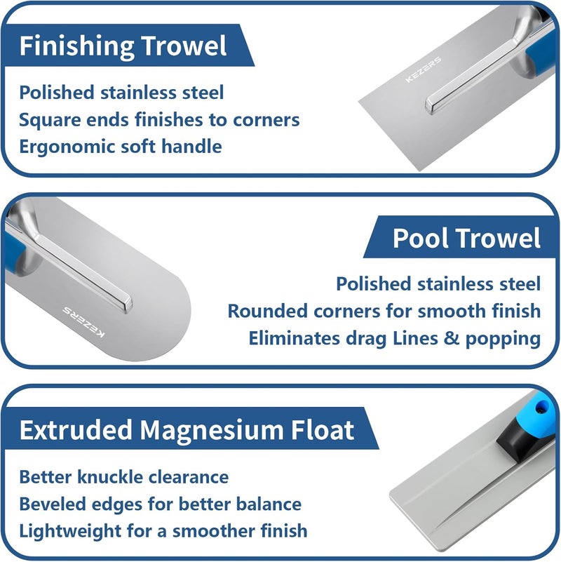 KEZERS 8-in-1 Concrete Finishing Tools Kit: Magnesium Float, Finishing & Pool Trowel, Gauging & Brick Trowel, Concrete Groover & Edger for Masonry, Stucco Repair & Bricklaying - Image 5